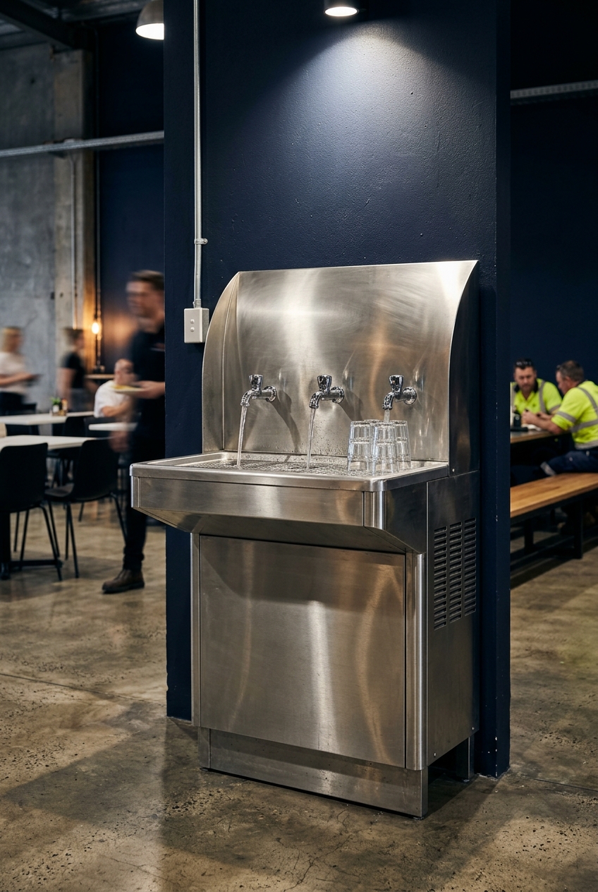 Stainless-steel commercial water cooler in a canteen